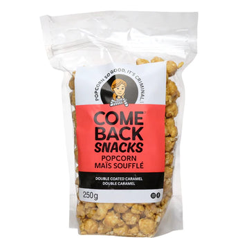 Double Caramel Popcorn (Comeback Snacks) - Clear bag of handmade double caramel popcorn by Comeback Snacks with red and white Canadian label.