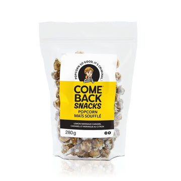 Lemon Meringue Caramel Popcorn (Comeback Snacks) - Clear resealable bag of handmade Canadian lemon meringue caramel popcorn, unique gourmet gift.