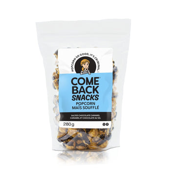 Salted Chocolate Caramel Popcorn (Comeback Snacks) - Clear pouch of handmade Canadian salted chocolate caramel popcorn with blue Come Back Snacks label, perfect unique gift.
