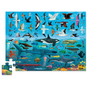 Above the seascape depicting different types of sea life such as sharks, fish, squids and seals, there are different types of birds such as a parrot, seagulls, owls and pelicans