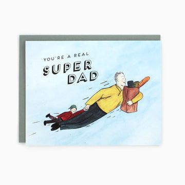 Super Dad Greeting Card | The Paperhood - Handmade Canadian greeting card with vintage-style flying superhero dad and child, unique gift design.