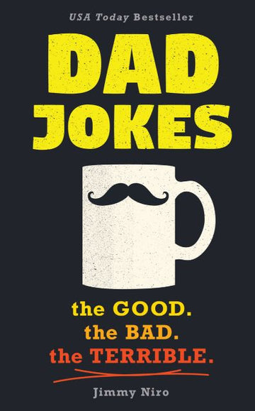 Dad Jokes Book - Dad Jokes book with yellow title, black background, white coffee mug with mustache, handmade Canadian gift.