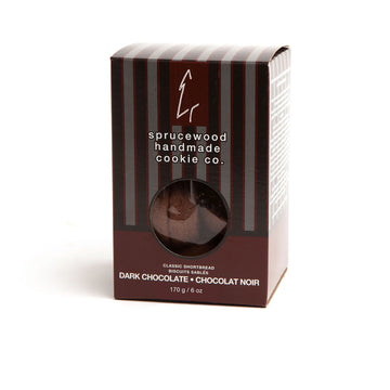 Dark Chocolate Shortbread Cookies | Sprucewood Handmade Cookie Co - Dark chocolate shortbread cookies in handmade Canadian gift box with striped brown design.