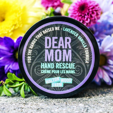 Dear Mom Hand Rescue (4oz) - Round black jar of Dear Mom Hand Rescue cream with lavender vanilla label, Canadian handmade gift.