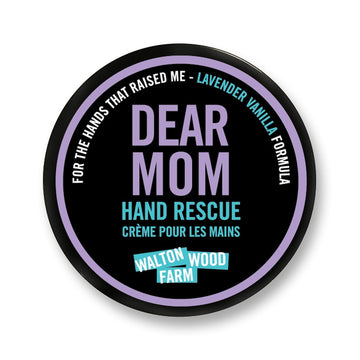 Dear Mom Hand Rescue (4oz) - Round black tin of Walton Wood Farm Dear Mom Hand Rescue with lavender vanilla scent, Canadian handmade gift.