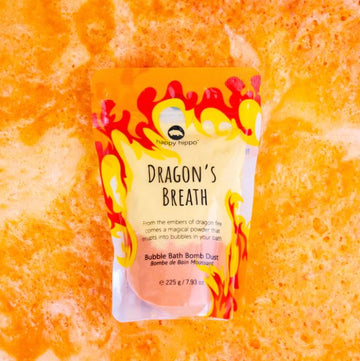 Dragon's Breath - bubble bomb dust - Bright orange and yellow Dragon's Breath bubble bomb dust pouch with flame design, unique handmade Canadian gift.