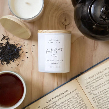 Earl Grey Tea - 9oz Soy Candle - Handmade Earl Grey Tea soy candle in white glass jar with wooden lid, Canadian gift idea.