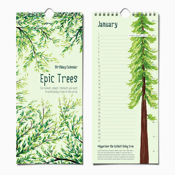 Epic Trees Birthday Calendar | The Paperhood - Handmade Canadian birthday calendar with green tree illustrations, unique gift design.