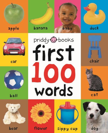 First 100 Words (Board Book) - Colorful board book cover titled "First 100 Words" with bright images of apple, banana, baby, duck, car, chair, ball, cat,.