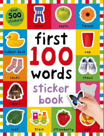 First 100 Stickers: Words - Colorful First 100 Words sticker book cover with playful images, perfect unique handmade Canadian gift for kids.