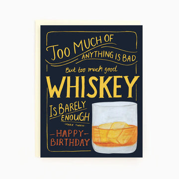 Birthday Whiskey Greeting Card | The Paperhood - Handmade Canadian birthday card with navy background, gold lettering, and whiskey glass illustration, unique gift idea.