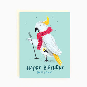 Birthday Cockatoo Greeting Card | The Paperhood - Birthday card featuring a cheerful cockatoo with a red scarf and microphone, unique handmade Canadian gift design.