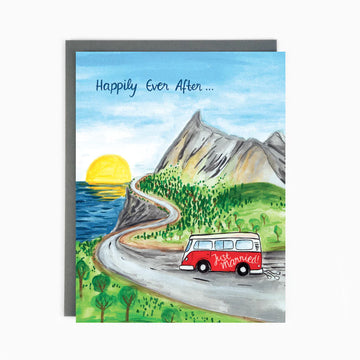 Wedding Roadtrip Greeting Card | The Paperhood - Handmade Canadian wedding card with red VW van on winding road at sunset, unique gift design.