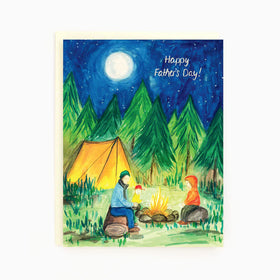 Dad Camping Greeting Card | The Paperhood - Handmade Canadian Father's Day card with vibrant camping scene and cheerful "Happy Father's Day" text.