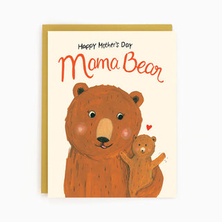 A white card with a mother bear holding her cub and the words 