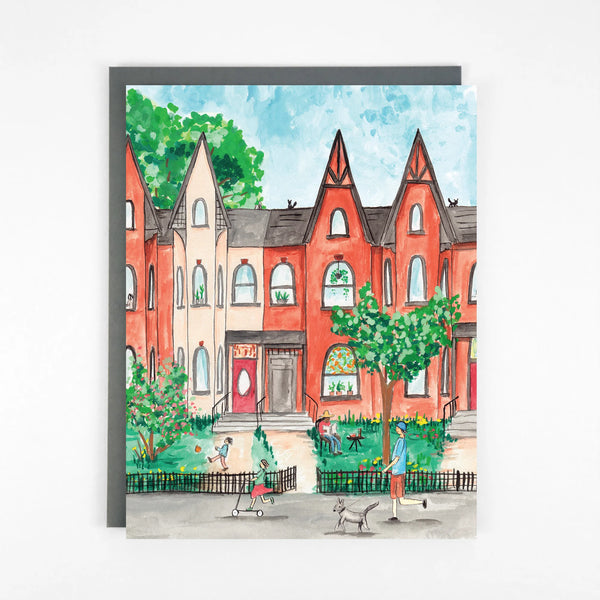 An illustration of Toronto's Cabbagetown neighbourhood with kids playing in front yards and a man walking a dog
