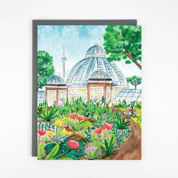 An illustration of the Allan Botanical Gardens with the CN Tower in the background
