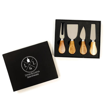 Lynn & Liana Cheese Knife Set - White Ceramic or Acacia Wood - Handmade Canadian cheese knife set with acacia wood handles in black gift box.