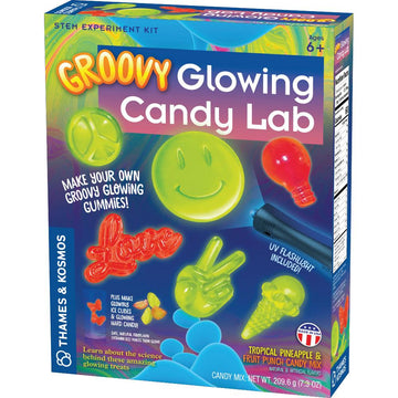Groovy Glowing Candy Lab - Groovy Glowing Candy Lab STEM kit with colorful gummy shapes, unique handmade Canadian gift packaging.