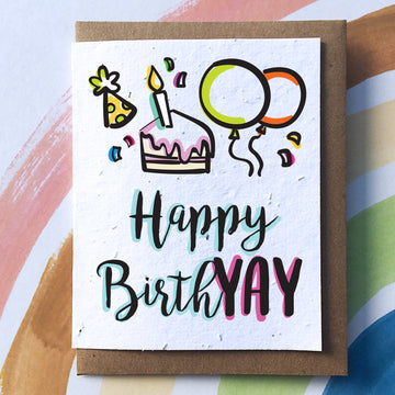 Happy BirthYAY Greeting Card (SowSweet) - Handmade Canadian Happy BirthYAY greeting card with colorful party icons, unique gift design.