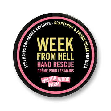 Week From Hell Hand Rescue (4oz) - Round black tin of Week From Hell Hand Rescue with pink and yellow label, handmade Canadian gift with grapefruit and brown.