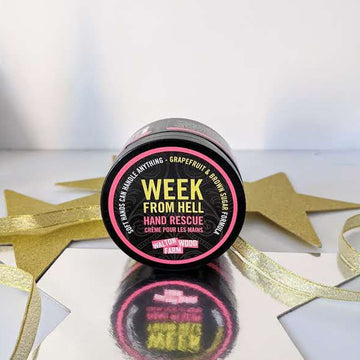 Week From Hell Hand Rescue (4oz) - Walton Wood Farm Week From Hell Hand Rescue cream in a 4oz black jar with pink and yellow label, Canadian handmade gift.