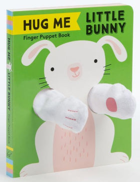 Hug Me Little Bunny: Finger Puppet Book - Bright green board book titled Hug Me Little Bunny with attached white plush bunny finger puppets, a unique Canadian.