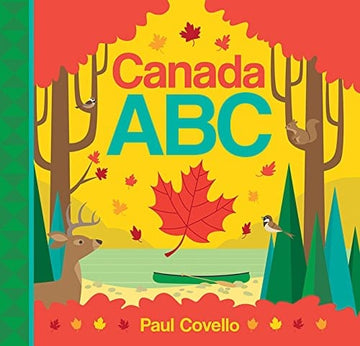 Canada ABC (Board Book) - Bright Canadian ABC board book cover with autumn leaves, canoe, deer, and bird, handmade gift for kids.