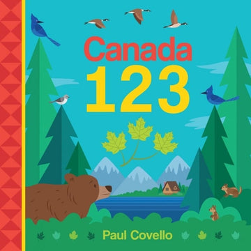 Canada 123 (Board Book) - Canada 123 board book with colorful forest animals, maple leaves, and mountains, unique handmade Canadian gift.