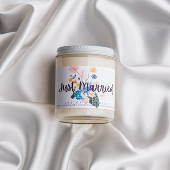 Just Married Candle - Desert Blossom - Handmade Canadian Just Married candle with floral label, unique gift in glass jar.