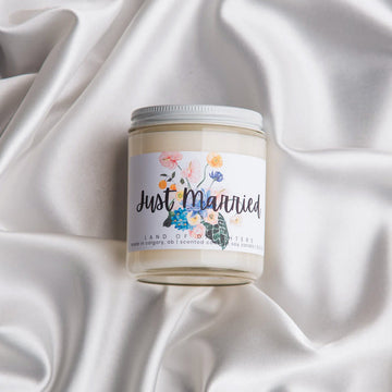 Just Married Candle - Desert Blossom - Handmade Canadian Just Married candle with floral label, unique gift in glass jar.