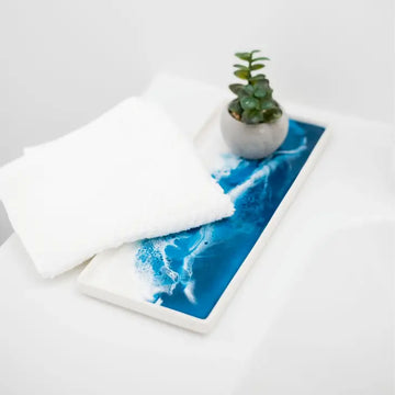 Lynn & Liana Large Ceramic Resin Trays - Handmade Canadian ceramic resin tray in Ocean Vibes blue with white accents, ideal unique gift.