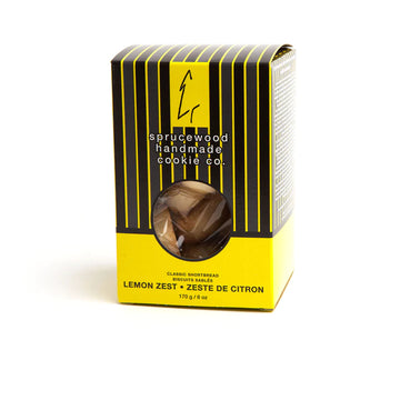 Lemon Zest Shortbread Cookies | Sprucewood Handmade Cookie Co - Sprucewood Handmade Lemon Zest Shortbread Cookies in unique yellow and black gift box, Canadian gourmet treat.
