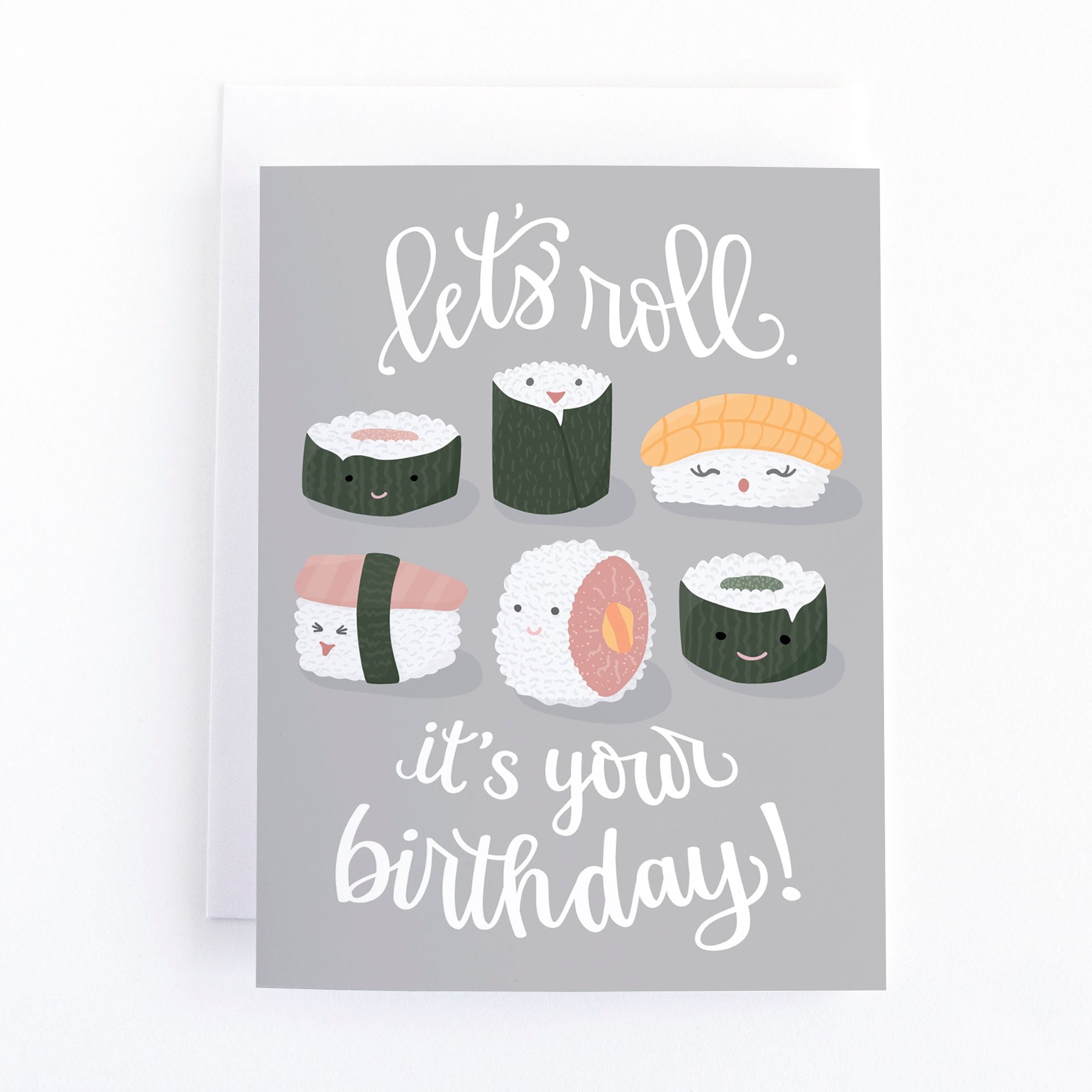 A purple card with 6 different sushi rolls on it and the words "Let's roll, it's your birthday!"