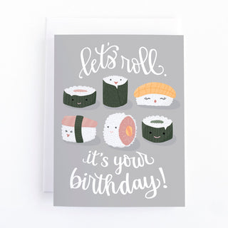 A purple card with 6 different sushi rolls on it and the words 