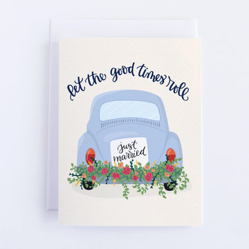 Let the Good Times Roll Wedding Card - Handmade Canadian wedding card with blue vintage car and floral details, unique gift design.