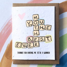 Mother's Day Scrabble Greeting Card (SowSweet) - Handmade Canadian Mother's Day greeting card with Scrabble tiles spelling "Mother You The Best Ever" and a pink heart,.