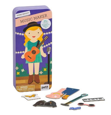 Shine Bright Music Maker Magnetic Dress Up (Petit Collage) - Purple tin with handmade magnetic dress-up doll and 25 colorful music-themed accessories, unique Canadian gift.
