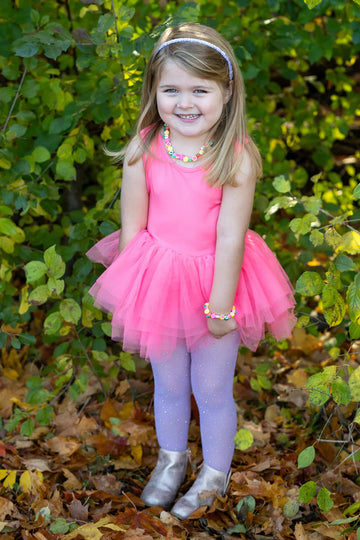 Fruity Tooty Necklace - Colorful fruity bead necklace on a young girl wearing a bright pink tutu dress, perfect unique handmade Canadian gift.