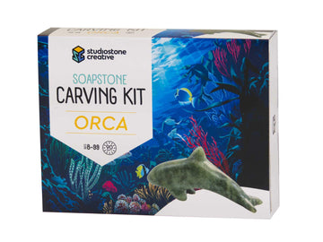 Orca Soapstone Carving Kit - Orca Soapstone Carving Kit box with ocean design and green soapstone whale carving, unique Canadian handmade gift.