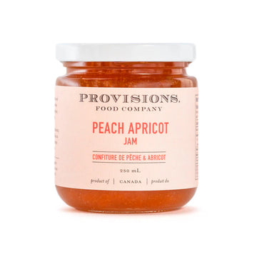 Peach Apricot Jam - Glass jar of handmade Peach Apricot Jam from Provisions Food Company with minimalist Canadian label, perfect unique gift.
