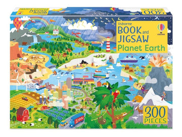 Usborne Book & Jigsaw: Planet Earth (300pcs) - Colorful Usborne Planet Earth book and 300-piece jigsaw puzzle set with vibrant nature and city illustrations, unique.