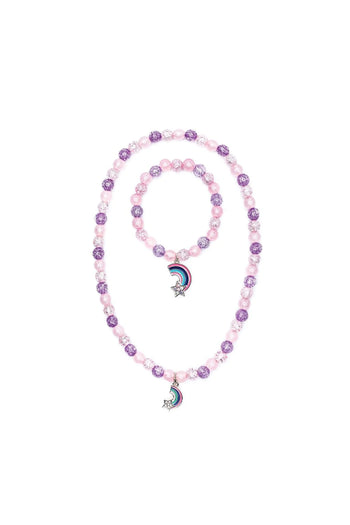 Pink and Purple Rainbow Necklace & Bracelet Set - Handmade pink and purple bead necklace and bracelet set with rainbow charms, unique Canadian gift.