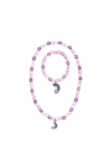 Pink and Purple Rainbow Necklace & Bracelet Set - Handmade pink and purple bead necklace and bracelet set with rainbow charms, unique Canadian gift.