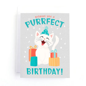 Purrfect Birthday Cat Greeting Card - Handmade Canadian birthday card featuring a cheerful white cat with gifts, perfect unique gift.