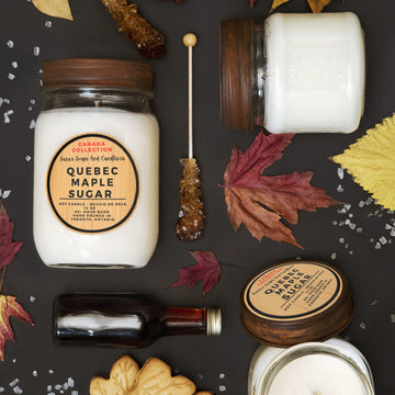Quebec Maple Sugar Soy Candle - 14oz - Handmade Canadian Quebec Maple Sugar soy candle in glass jar with wooden lid and amber maple sugar stick gift set.