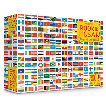Usborne Flags Of The World Book & Jigsaw (300pcs) - Usborne Flags of the World jigsaw puzzle box showing colorful international flags, unique Canadian gift.