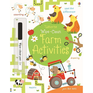 Wipe Clean Farm Activities book for kids with mazes, drawing, join the dots