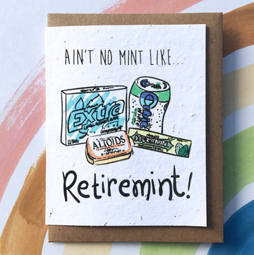 Retirement Greeting Card (SowSweet) - Handmade Canadian retirement greeting card with playful mint-themed illustration and pun, unique gift design.