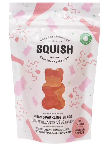 Vegan Sparkling Bears (Squish) - Handmade Canadian vegan sparkling gummy bears in resealable gift pouch with festive pink confetti design.